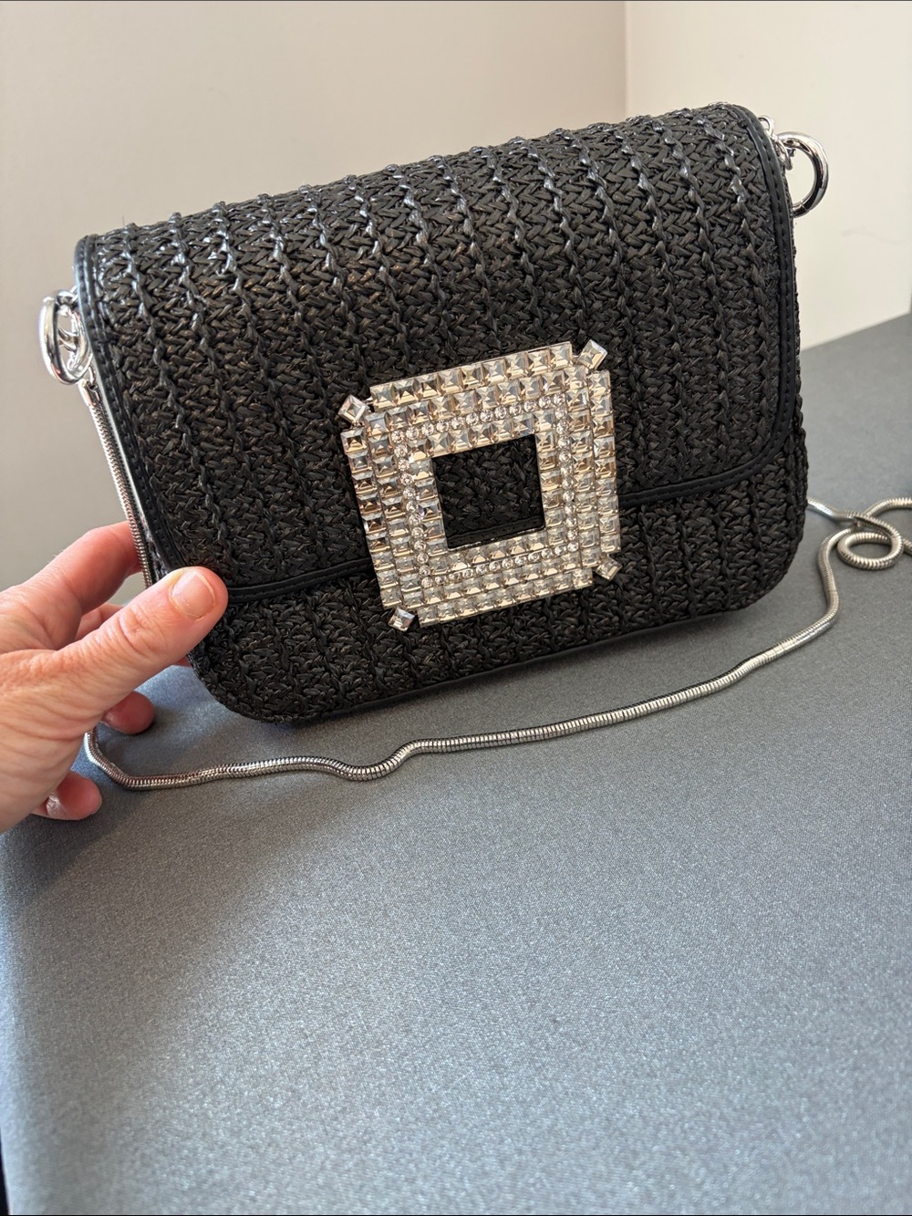 Black Woven Mini Crossbody with Crystal Square Accent - Unbranded